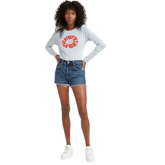 Levi 501 Button Fly Jean Denim Shorts. Frayed Hem. Size 27 - Picture 1 of 10